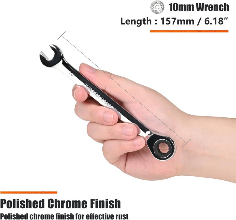 Egofine 10mm Ratchet Wrench, Ratcheting Combination Wrench Metric 10mm Wrench, Industrial Grade Gear Spanner with 12-Point Design, 72-Tooth Ratchet, Chrome Vanadium Steel - Image 3
